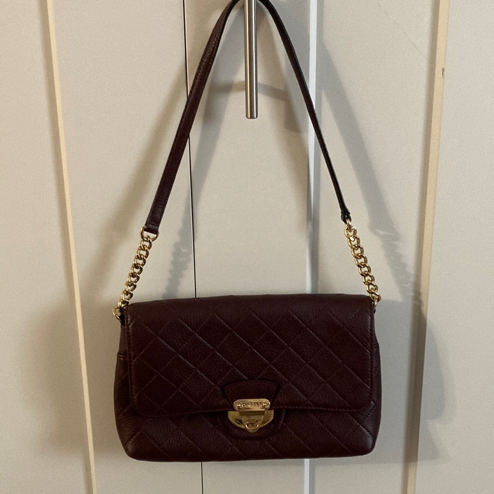Burgundy bag with gold details.